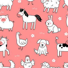 Seamless pattern with cute farm animals in doodle style on pink background. Illustration of a background with animals.