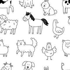 Seamless black and white pattern with cute farm animals in doodle style. Illustration of a background with animals.