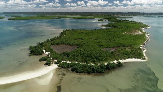 Aerial view of Ponta do Dourado Island, Ba&iacute;a de Todos os Santos - Salinas da Margarida, Bahia, Brazil