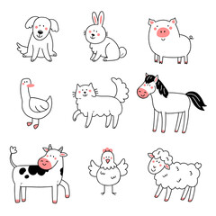 Cute farm animals in linear doodle style. Animals isolated on a white background.