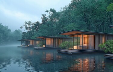 Obraz premium In these off-grid floating bungalows, guests can drift off to sleep to the soothing sounds of nature and a gentle wind amidst the stillness of the night.