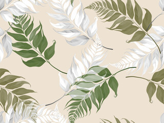 Foliage seamless pattern, various color of fern leaves on light orange