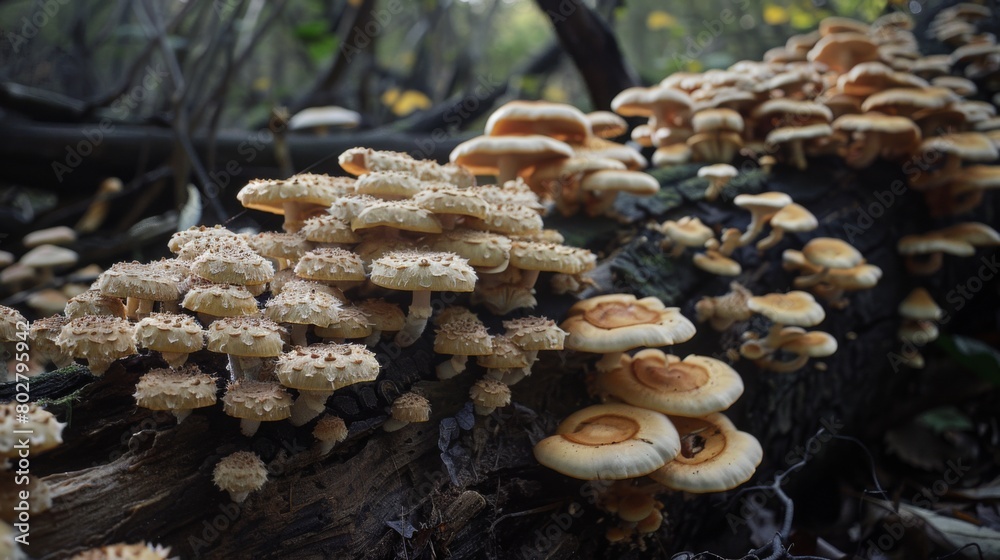 Poster macro image of mushrooms flourishing on a fallen tree trunk, serving as a reminder of the beauty and