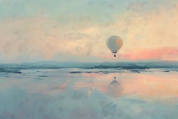 A lone hot air balloon drifts serenely across a pastel-colored sunrise, a peaceful scene.