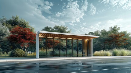 Fototapeta premium A bus stop on the side of the road, bold and creative conceptual design. Generative AI.