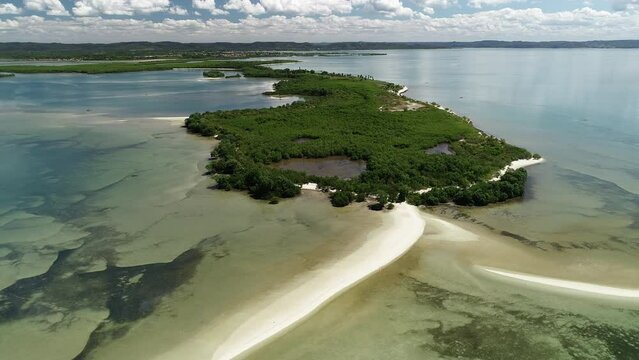 Aerial view of Ponta do Dourado Island, Ba&iacute;a de Todos os Santos - Salinas da Margarida, Bahia, Brazil