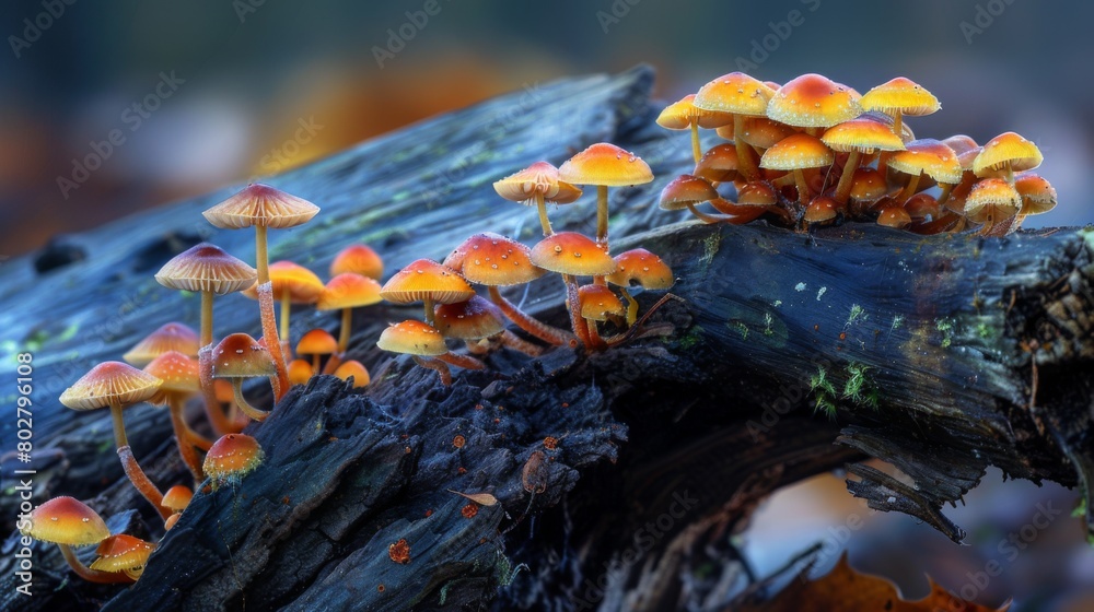 Poster macro image of mushrooms flourishing on a fallen tree trunk, serving as a reminder of the beauty and