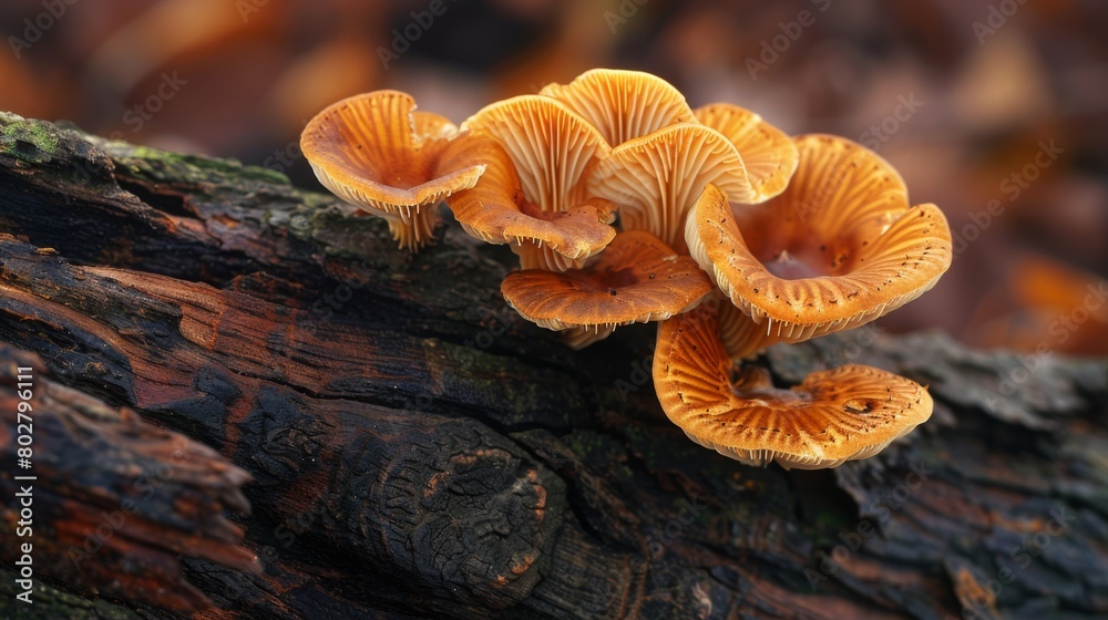 Poster macro image of mushrooms flourishing on a fallen tree trunk, serving as a reminder of the beauty and
