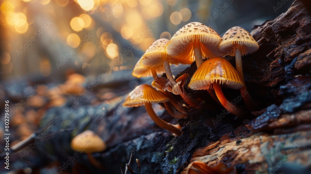 Poster macro image of mushrooms flourishing on a fallen tree trunk, serving as a reminder of the beauty and