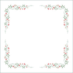 Green vegetal ornamental frame with leaves and pink flowers, decorative border, corners for greeting cards, banners, business cards, invitations, menus. Isolated vector illustration.	
