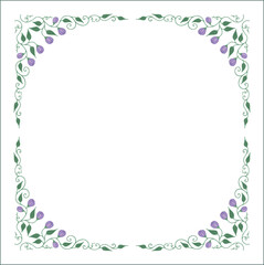 Green vegetal ornamental frame with leaves and purple flowers, round frame, decorative border, corners for greeting cards, banners, business cards, invitations, menus. Isolated vector illustration.	
