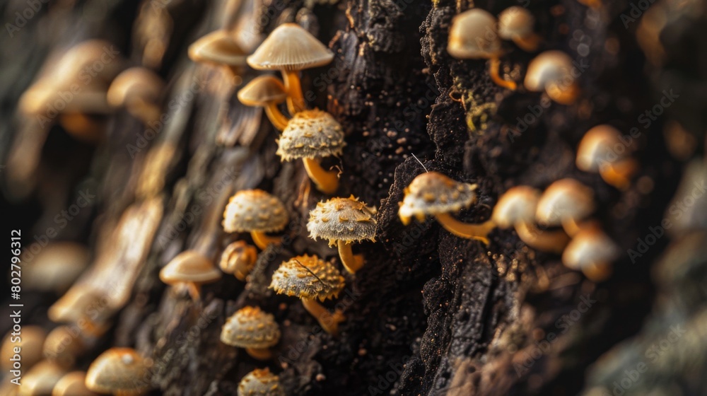 Aufkleber macro shot of tiny mushrooms growing in the nooks and crannies of a tree's bark, revealing the intri