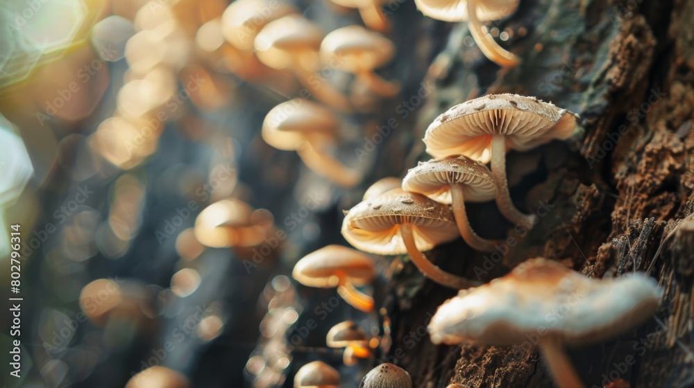 Poster macro shot of tiny mushrooms growing in the nooks and crannies of a tree's bark, revealing the intri