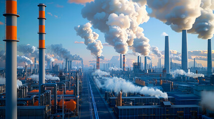 Petrochemical industrial factory of heavy industry, power refinery production with smoke pollution.