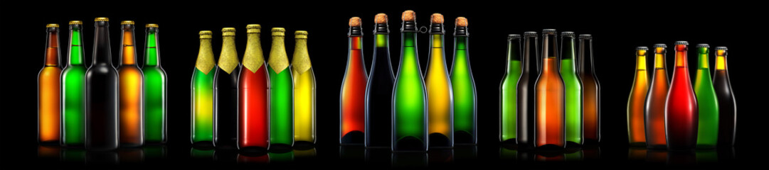 Set of beer, wine and champagne bottles isolated on black background