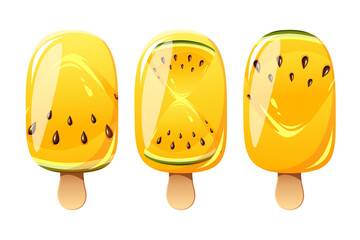 Watermelon ice cream set, fruit popsicle on a wooden stick with pieces of yellow watermelon. Watermelon ice cream. Summer cold dessert, frozen juice, fruit ice. Vector illustration.