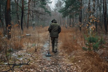 Obraz premium A man walking down a path in the woods, suitable for nature or outdoor themes