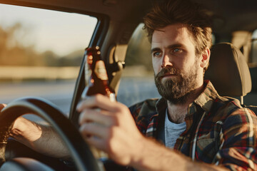 man driving car and holding bottle of beer in the hand