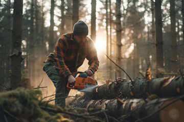 male worker sawing wood with chainsaw in the forest