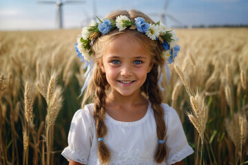 Little joyful girl in a beautiful dress on a wheat field, copy space