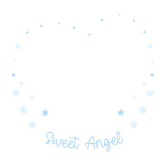 A big heart of small blue stars, hearts, and dots with text Sweet Angel. Vector card. Illustration for celebration, shower day, shower party, birthday, celebration, congratulation, love.