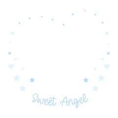 A big heart of small blue stars, hearts, and dots with text Sweet Angel. Vector card. Illustration for celebration, shower day, shower party, birthday, celebration, congratulation, love.