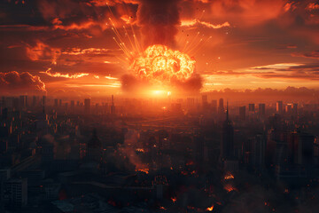 Nuclear war apocalypse concept, explosion of nuclear bomb in city, city destroyed by atomic war, creative artwork decoration in dark.