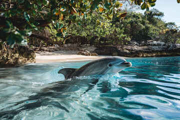 dolphin jumping near the tropical beach