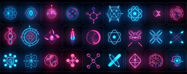 Vibrant collection of atomic energy icons in neon colors on a dark background