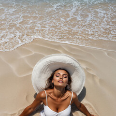 Beautiful woman on the beach in straw hat top view, copy space.