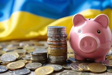 war, support and donation concept, stacks of coins and piggybank over ukrainian flag
