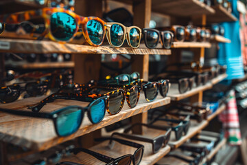 sunglasses on wooden shelves in the shop