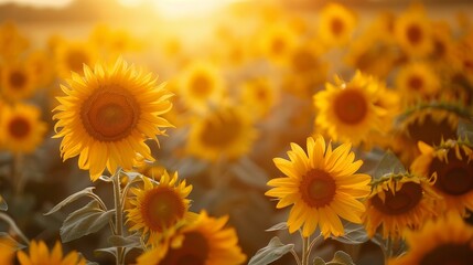 Obraz premium Sunlit Sunflower Field at Golden Hour