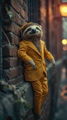 Relaxed sloth meanders through city streets in tailored elegance, epitomizing street style. The realistic urban backdrop frames this leisurely creature, seamlessly merging slow-paced charm with contem