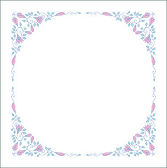 Blue round vegetal ornamental frame with leaves and pink flowers, decorative border, corners for greeting cards, banners, business cards, invitations, menus. Isolated vector illustration.