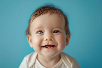 Cheerful baby boy smiling over blue background with copy space