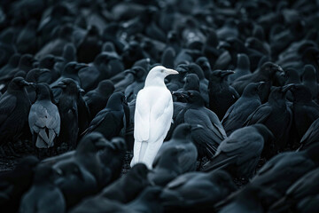 diversity and difference concept, white raven in flock of black crows
