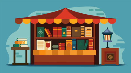 Obraz premium A stall selling an eclectic mix of rare books from antique leatherbound novels to contemporary graphic novels.. Vector illustration