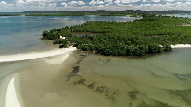 Aerial view of Ponta do Dourado Island, Ba&iacute;a de Todos os Santos - Salinas da Margarida, Bahia, Brazil