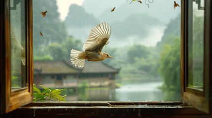A beautiful bird flies into the window of an ancient wooden house. With green mountains and a river outside the window in the background.