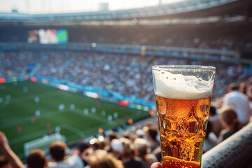close up of glass of beer on the full football stadium