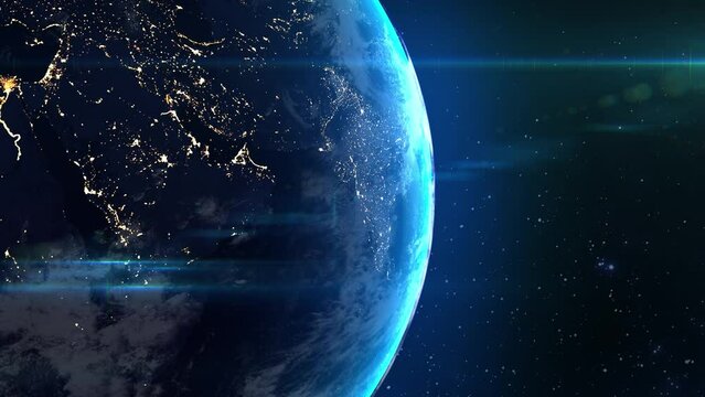Slow rotation of the planet. View from space of the Middle East region, the Arabian Peninsula. Lights of night Asian and European cities. 3D animation of flight over the surface of the earth. 4k.