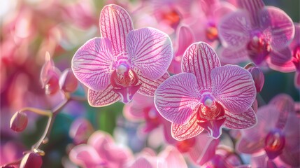 Photo of pink and purple orchid flowers, growing on the branch, with a blurred background,Generative AI illustration.