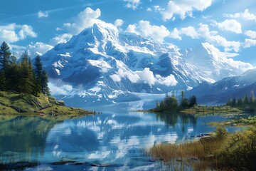 A majestic mountain panorama a crystal-clear lake reflects the snow-capped peaks of a towering mountain range, creating a scene of breathtaking serenity.