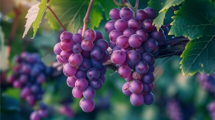 Gentle purple grapes hanging from the vine, surrounded by green leaves in an orchard setting,Generative AI illustration.
