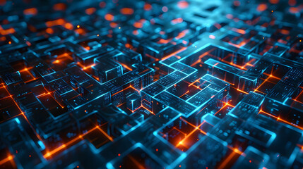 Obraz premium Abstract hologram of glowing geometric cubes forming an intricate maze on a dark background