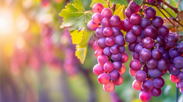 Grapes hanging on the vine in an orchard, vibrant purple grapes with green leaves in a closeup view of red grape bunches on a sunny day,Generative AI illustration.