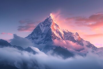 A majestic mountain peak shrouded in ethereal morning mist at the break of dawn.