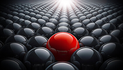 Extreme close-up of one single red ball among a large group of black balls. Standing out from the crowd, thinking outside the box, leadership and individuality concept. Generative Ai.