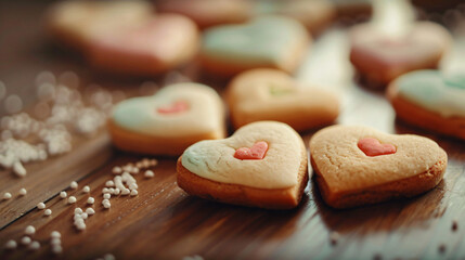 Tasty heart shaped cookies on table
